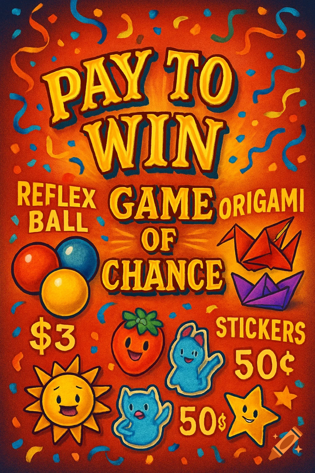 A vibrant, stylized poster advertising a 'Pay to Win' carnival game, featuring 'Reflex Ball', 'Origami', and 'Stickers' with prices.