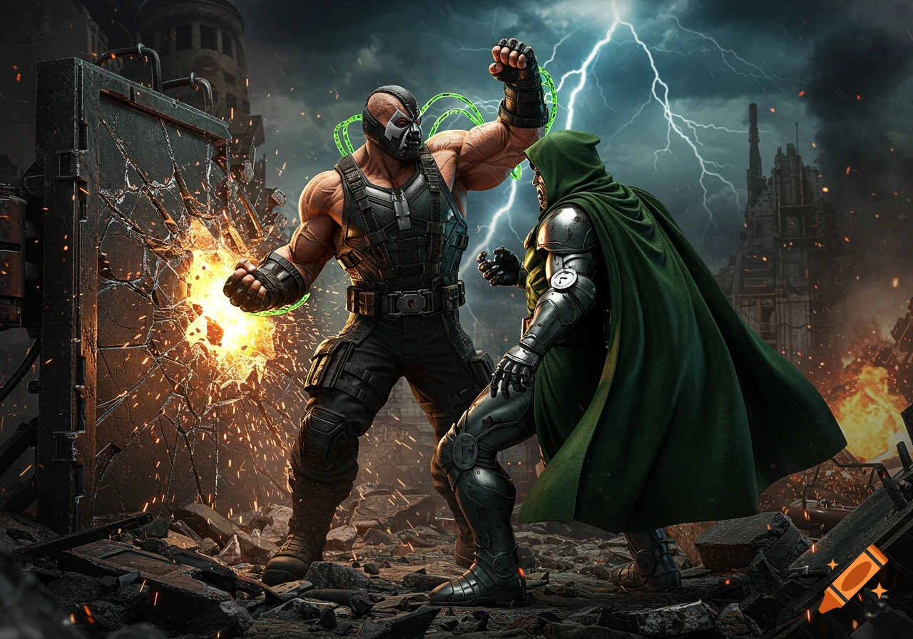 Bane, muscular and masked, punches through a wall with fiery impact, battling Dr. Doom in armor under a stormy, lightning-filled sky.