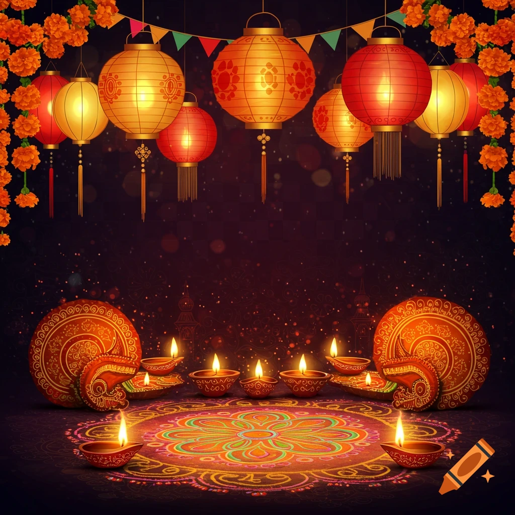 Vibrant festival scene with glowing lanterns, marigold garlands, numerous diyas, and a colorful rangoli pattern on a dark background.