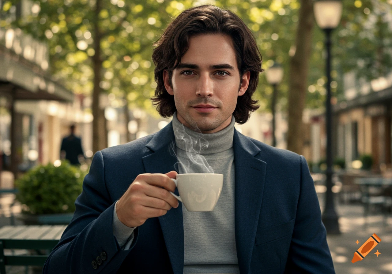 A man with dark, wavy hair, wearing a gray turtleneck and a navy blazer, holds a steaming white coffee cup at an outdoor cafe.