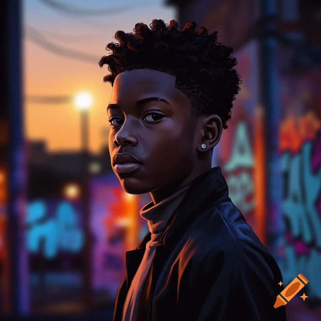 Stylized portrait of a young Black boy with curly hair and an earring, in an urban setting at sunset.