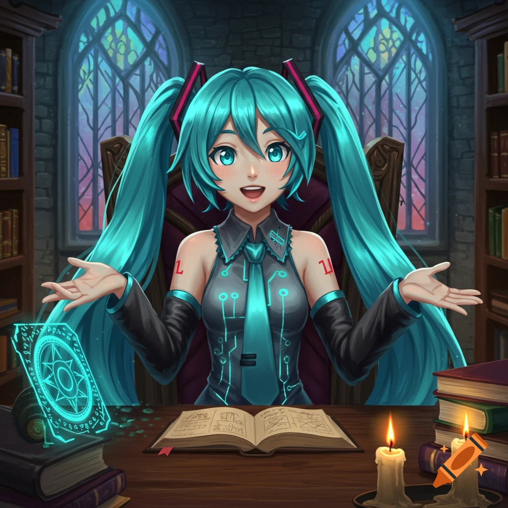 Hatsune Miku, as a Dungeon Master, sits at a wooden table in a dimly lit library with two lit candles, an open book, and a glowing magic tablet, against a backdrop of gothic windows.