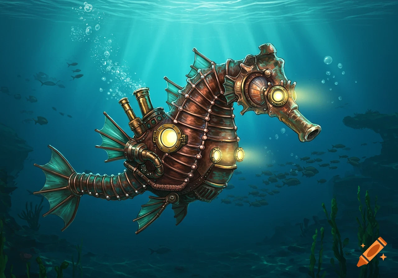 A steampunk seahorse-shaped submarine glides through the deep blue ocean, surrounded by fish and bubbles.