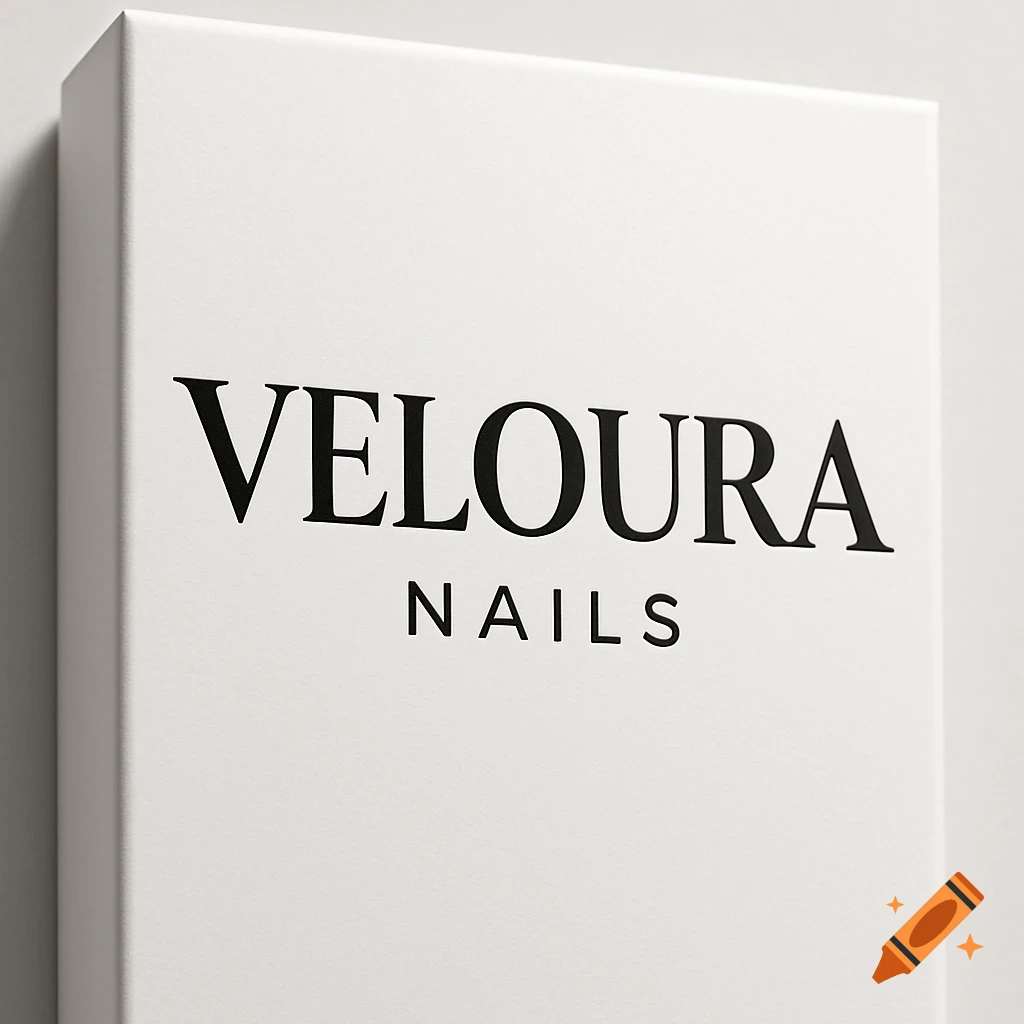 White product packaging with "VELOURA NAILS" in black serif font.