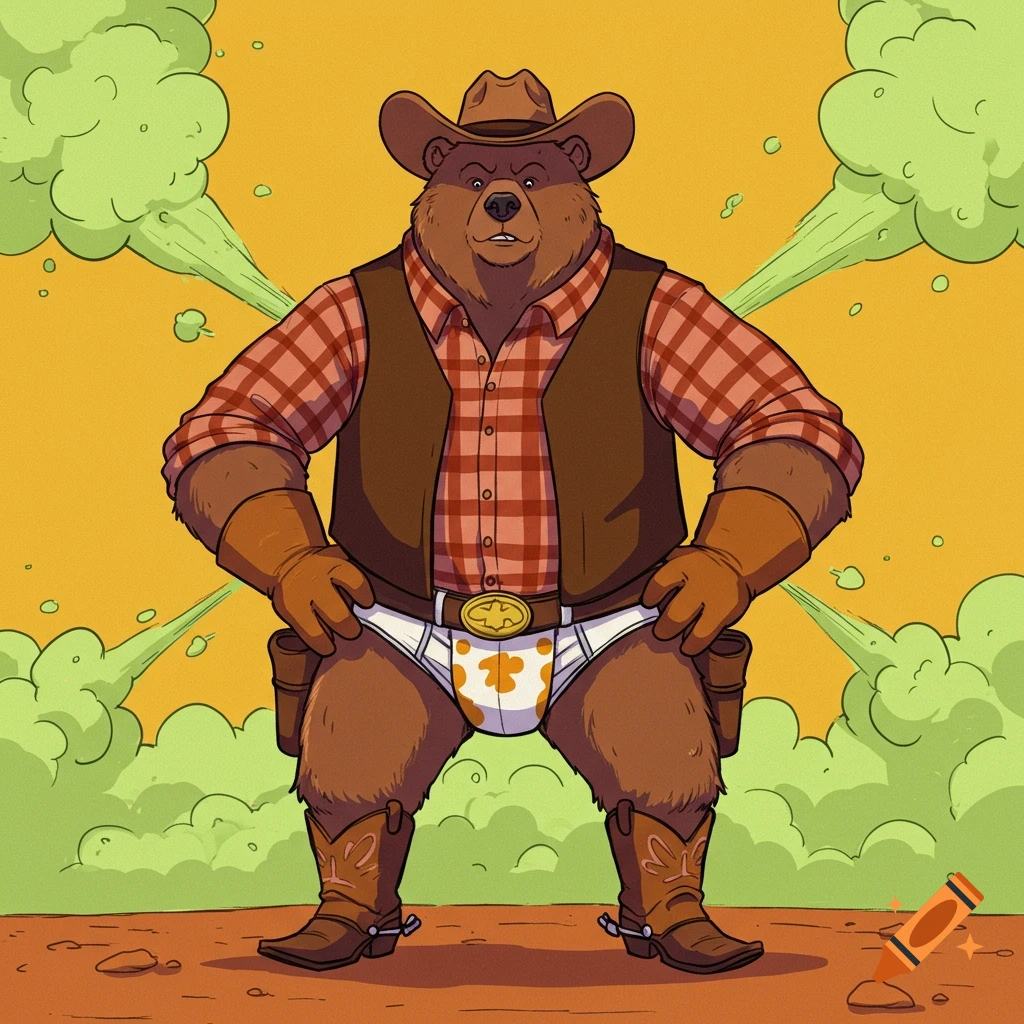 A cartoon bear dressed as a cowboy, wearing briefs with yellow splatters, stands with hands on hips as green fart fumes emanate from behind.