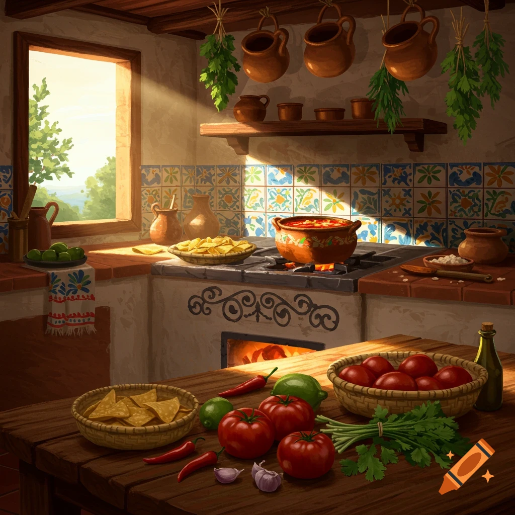 A vibrant, sunlit rustic Mexican kitchen with a pot of stew on a stove, fresh vegetables, and tortilla chips on a wooden table.