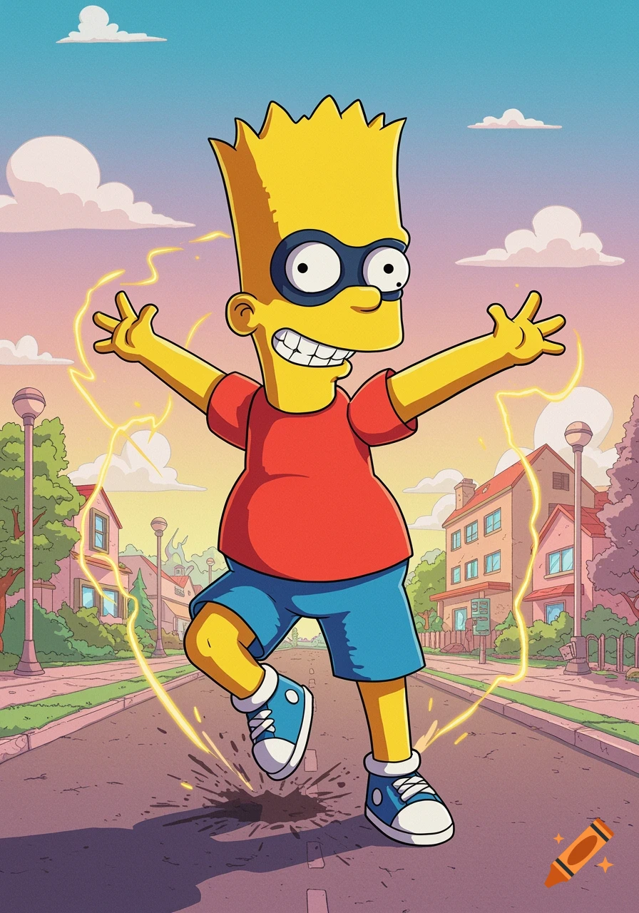 Bart Simpson in a superhero mask runs down a suburban street with yellow lightning energy crackling around him, cartoon style.