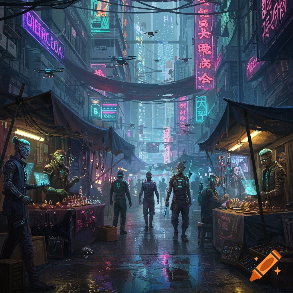 A bustling cyberpunk street market at night, with diverse humanoid vendors and shoppers under glowing neon signs and flying drones, in a high-detail, gritty style.