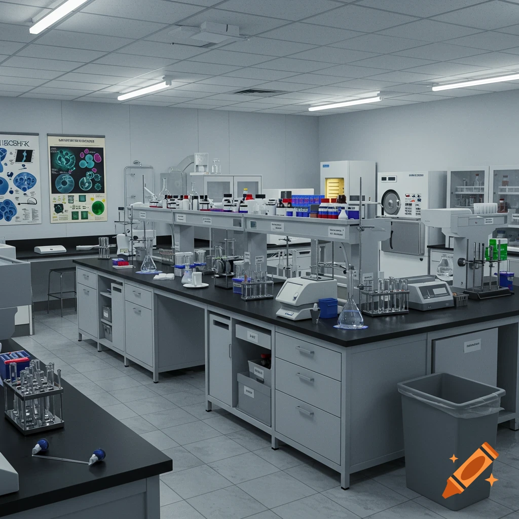 A well-equipped, brightly lit microbiology laboratory with various lab instruments, glassware, and posters on the walls.