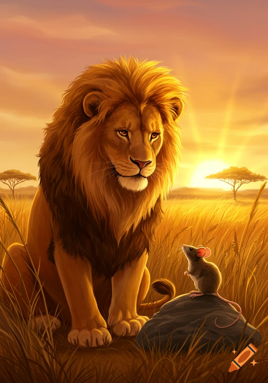 A stylized illustration of a large lion looking at a small mouse on a rock in a golden savanna at sunset.