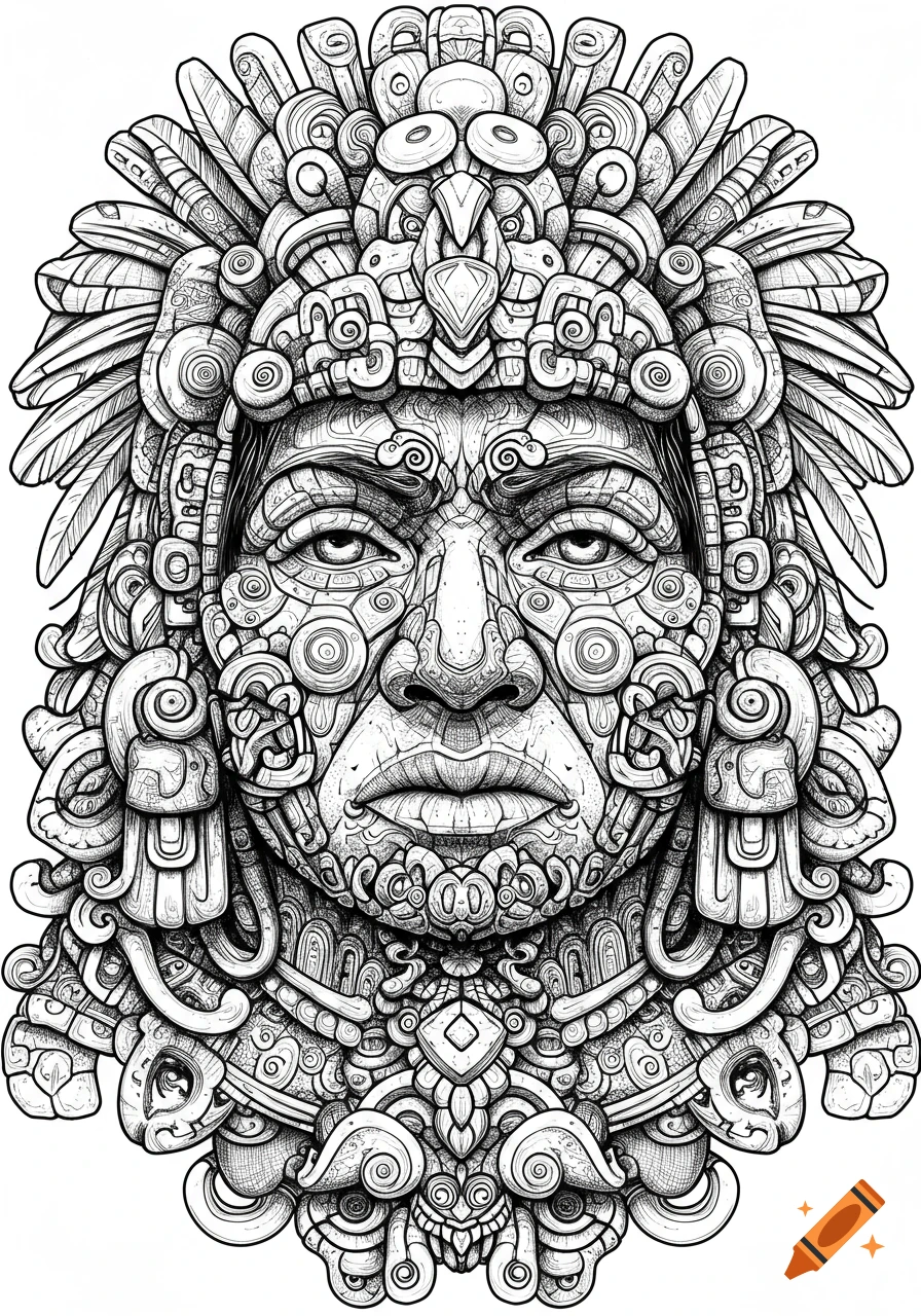 Detailed black and white line art of an Aztec-style face, made of intricate stone inscription patterns.