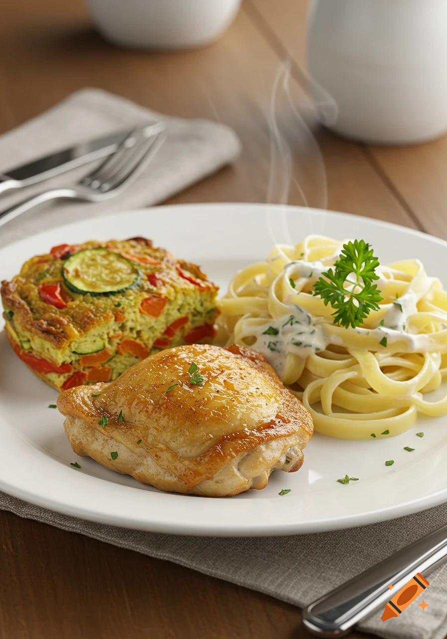 Photorealistic meal of roasted chicken, pasta with cream sauce, and vegetable frittata on a white plate, with steam.