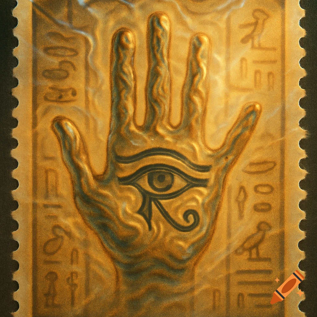 A golden stamp features an open hand with the Eye of Horus in its palm, surrounded by hieroglyph-like text, with a heat haze effect.