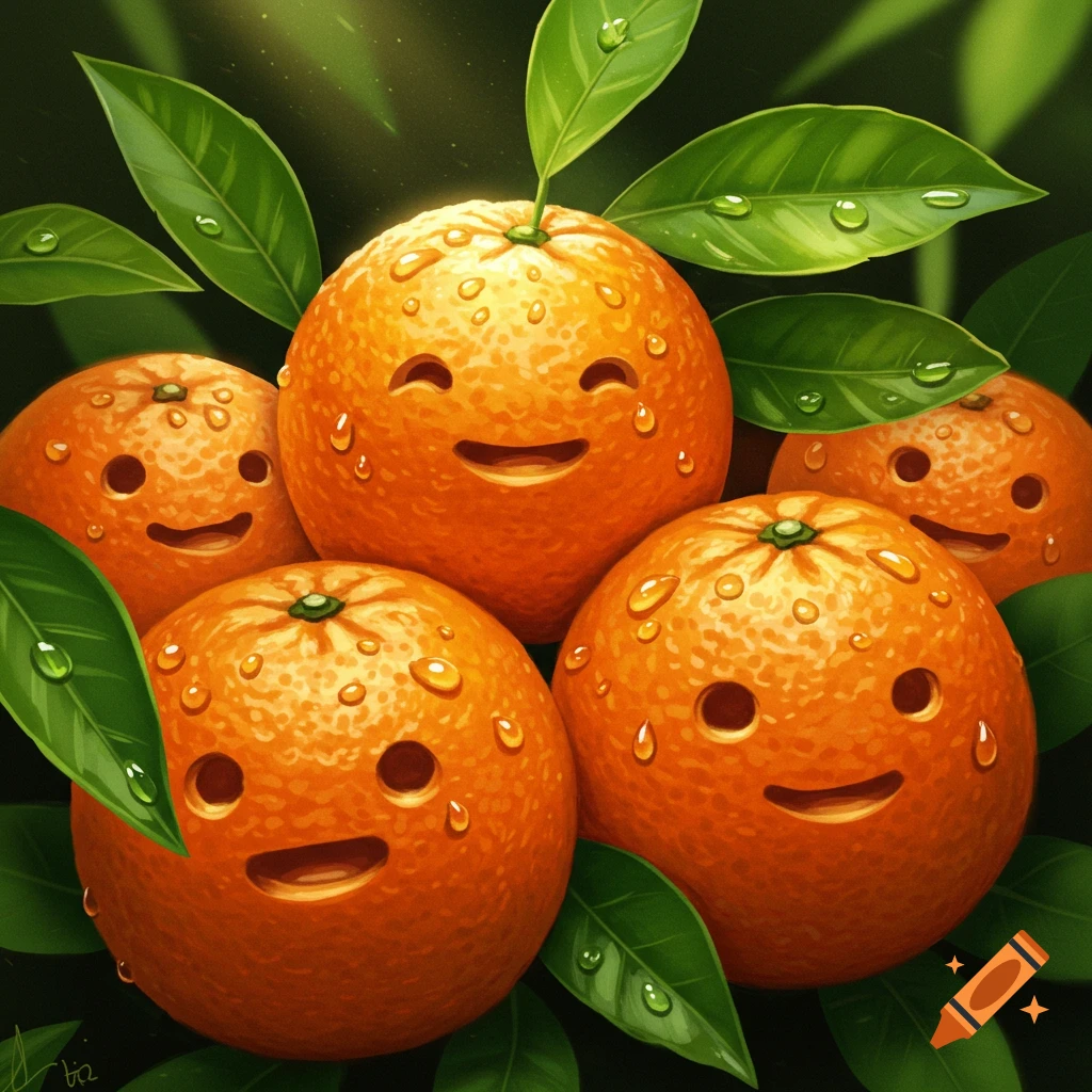 Five cute, smiling oranges with water droplets and green leaves in an illustrative style.