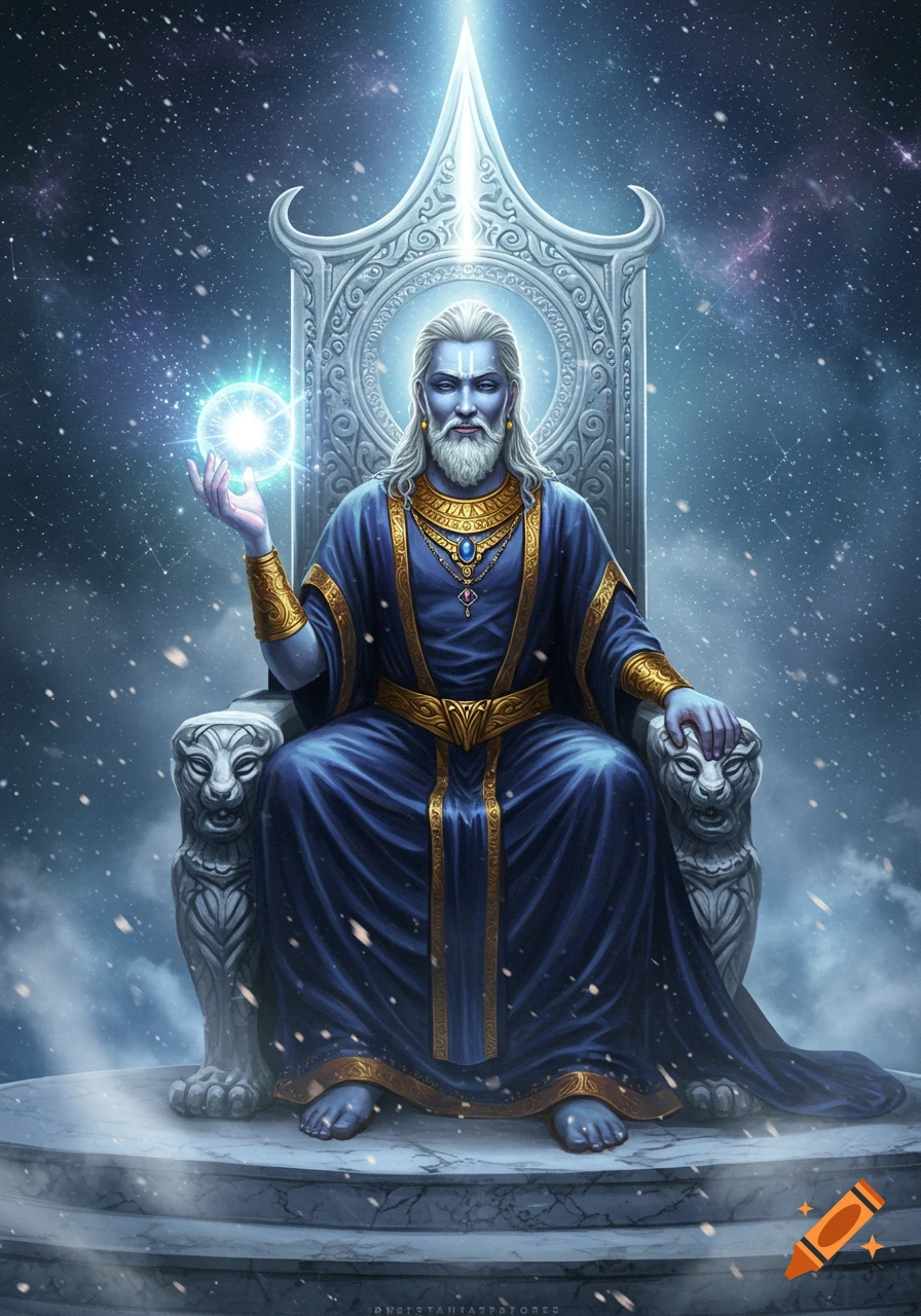 A blue-skinned, white-bearded god with a regal robe sits on an ornate throne, holding a glowing blue orb against a starry, snowy sky.