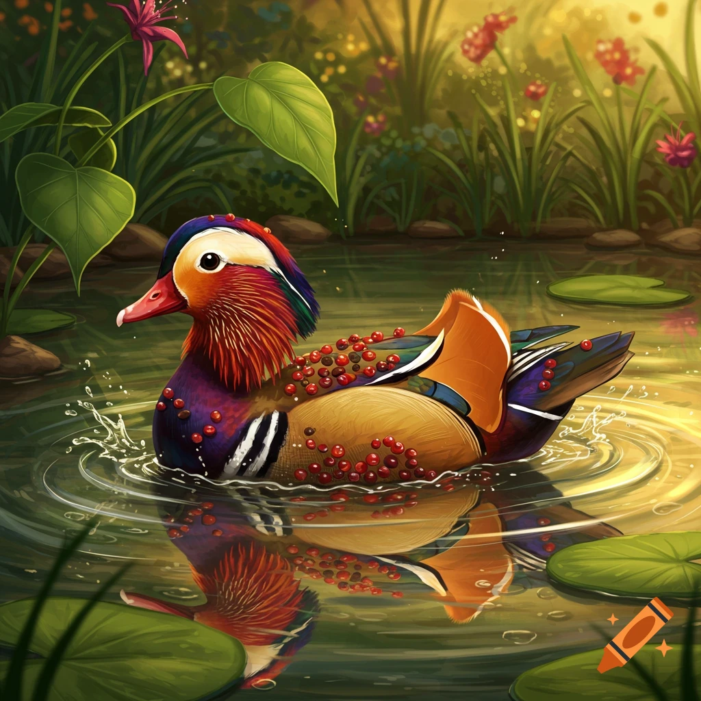 A vibrant, colorful mandarin duck with red berries on its back swims in a sunlit pond amidst green foliage, illustration style.
