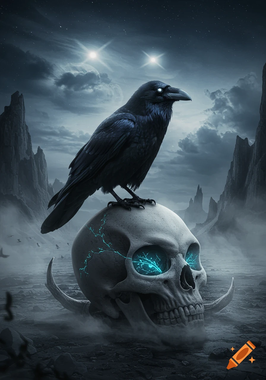 A black raven with glowing eyes perches on a large, pale alien skull with glowing blue eyes, in a dark, desolate fantasy landscape.