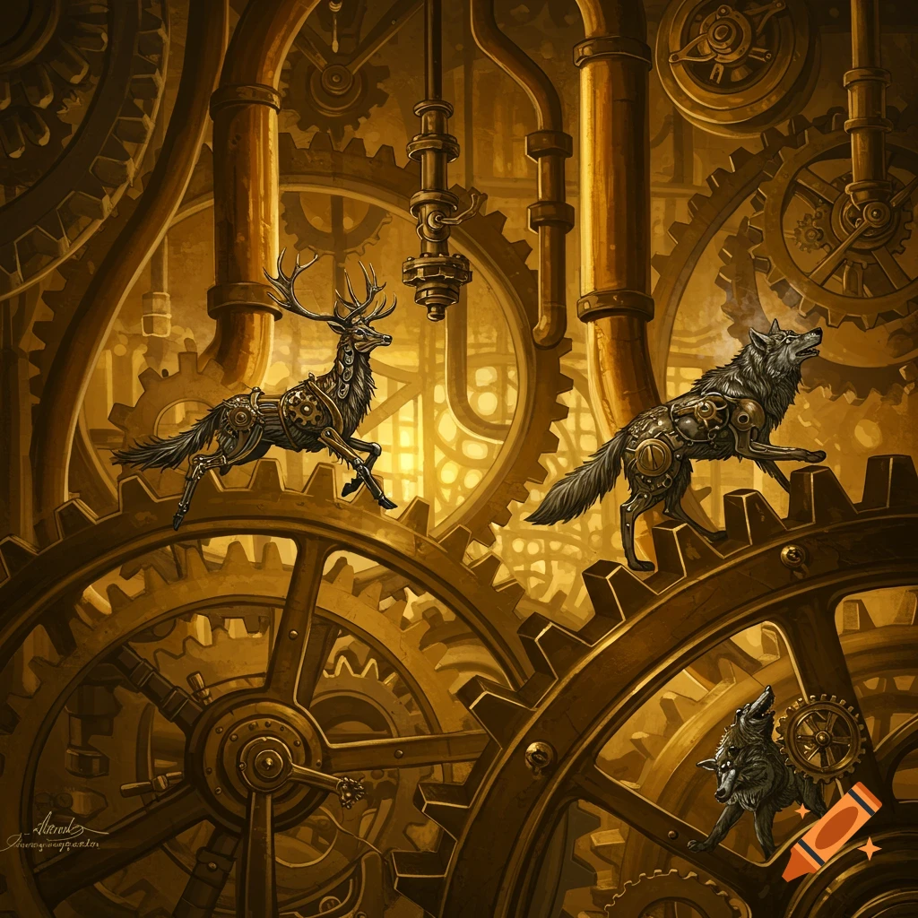 Steampunk stag and wolves running on giant gears and pipes within an intricate clockwork mechanism, in a detailed gold and brown art style.