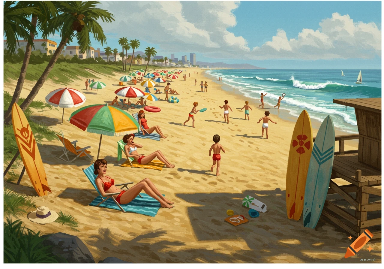 A vibrant 1960s retro illustration of a crowded sunny beach with people swimming, sunbathing, and playing by the ocean.