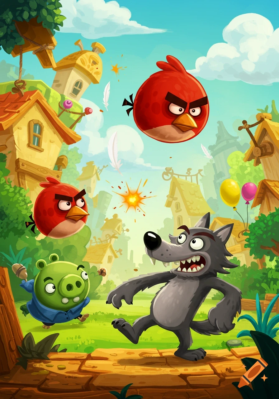 Cartoon scene with a large red Angry Bird flying above, a smaller red Angry Bird and a green pig near a gray wolf in a village.
