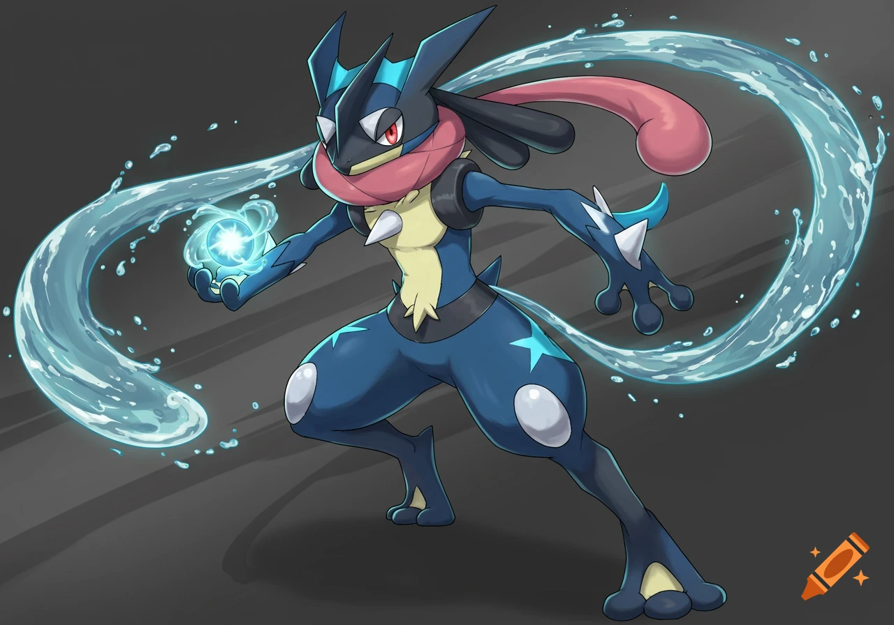 An anime-style illustration of Greninja in an action stance, charging a glowing blue water sphere in its hand, with a stream of water swirling around it.