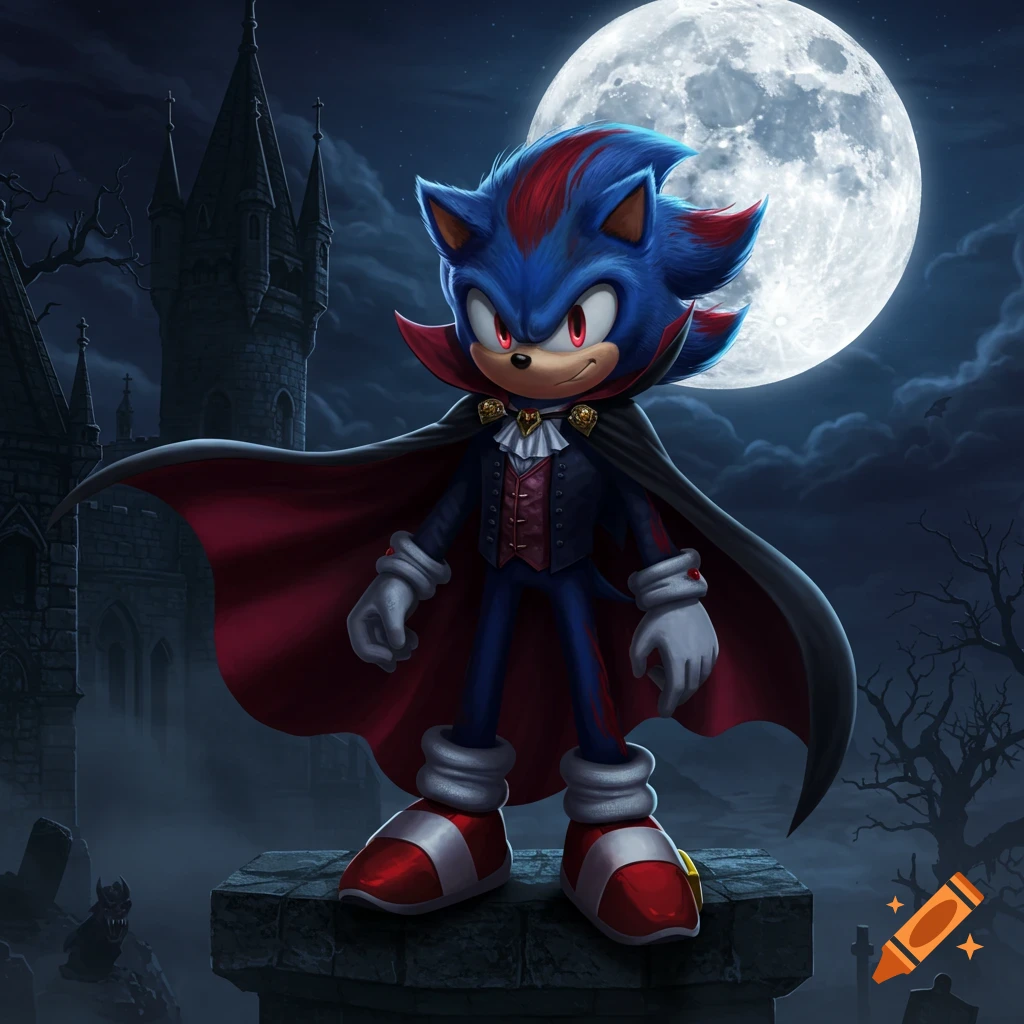 Sonic the Hedgehog dressed as a vampire, standing on a stone pedestal with a gothic castle and full moon in the background.