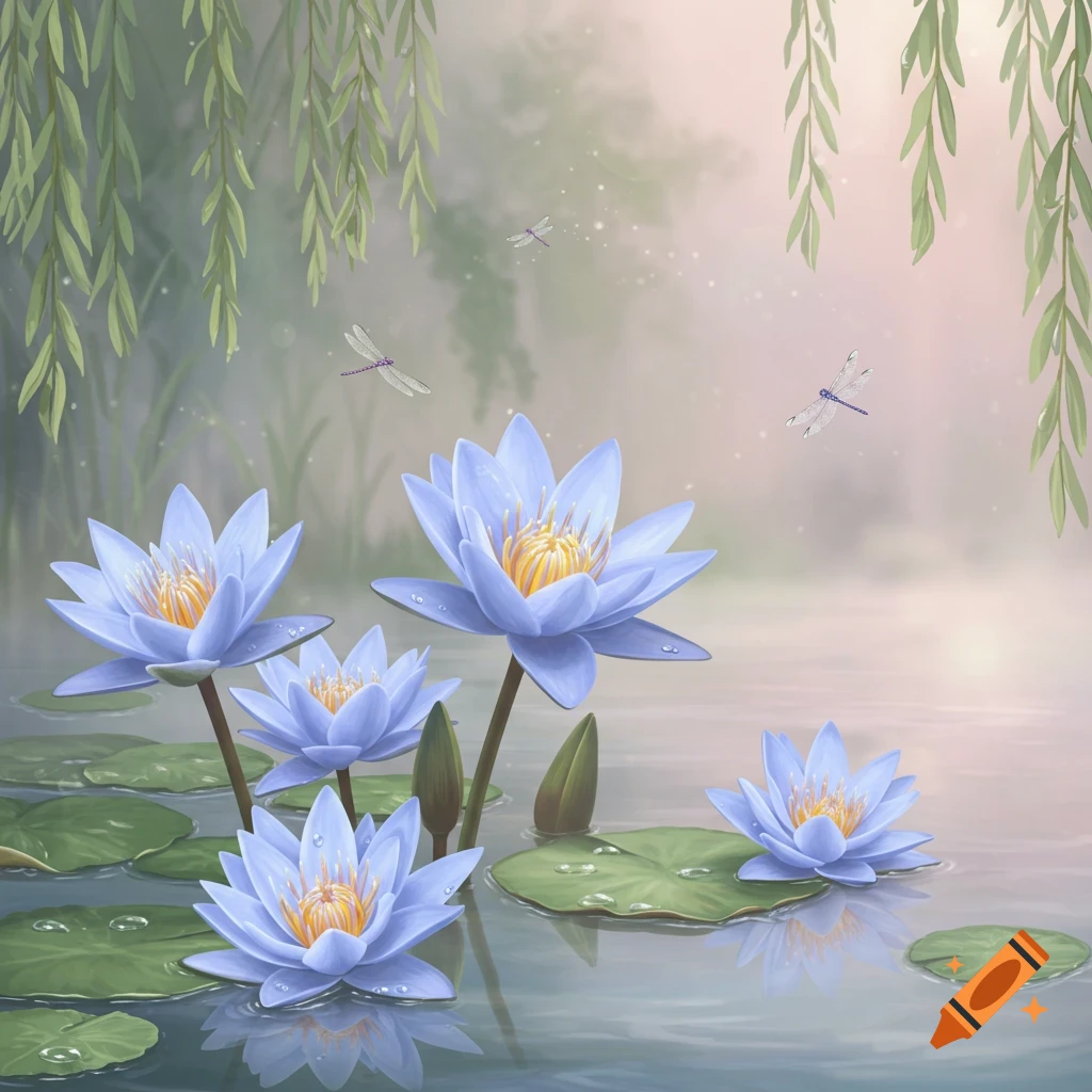 Blue water lilies float on a pond with green leaves and water droplets. Dragonflies fly in the misty background, framed by weeping willow branches.