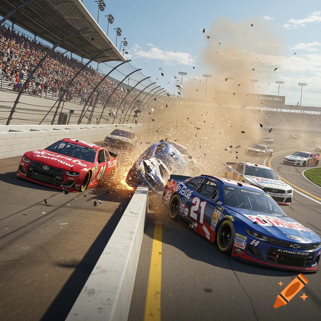 Photorealistic image of multiple NASCAR cars in a dramatic crash on a race track, with sparks and debris.