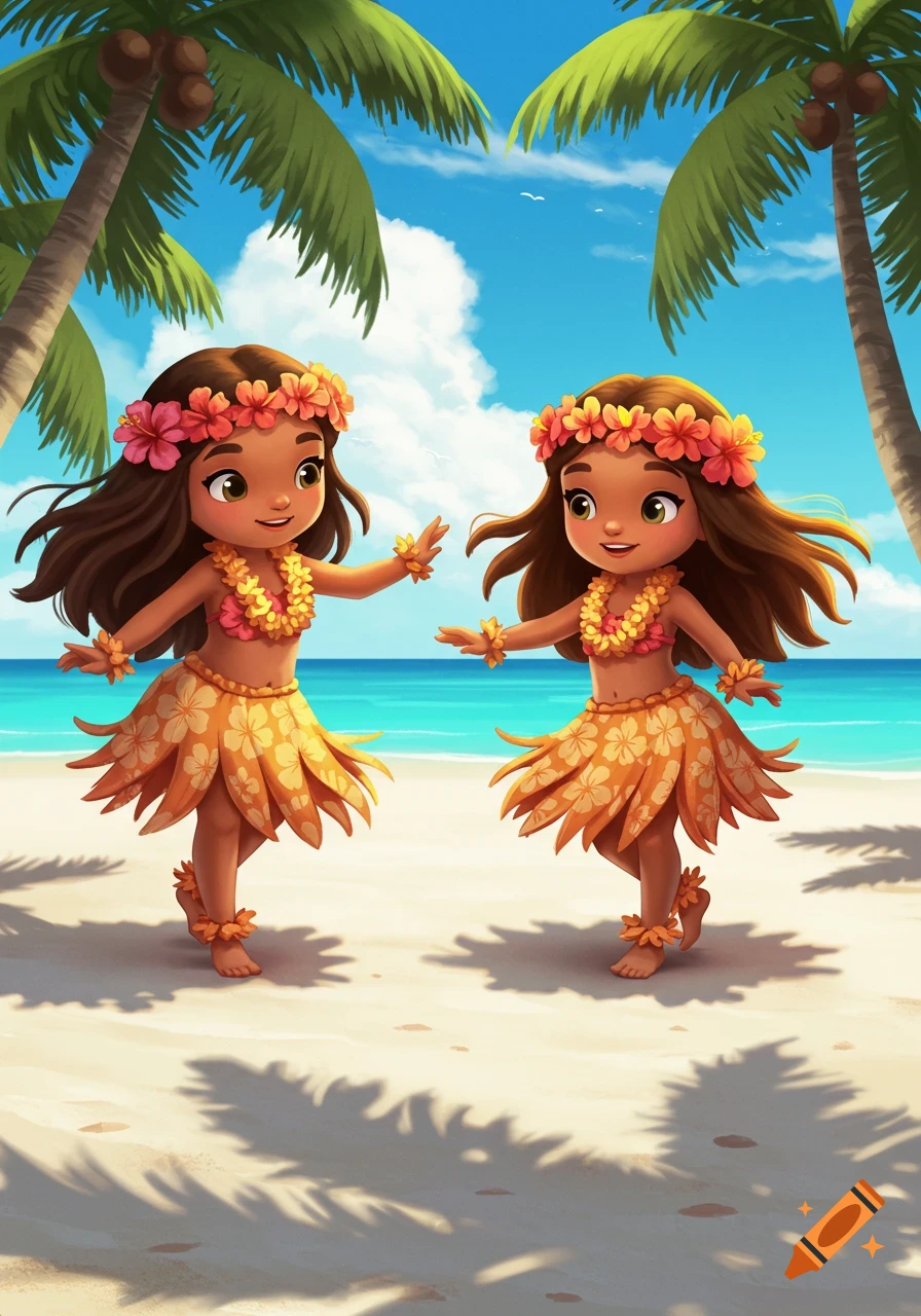 Two cute cartoon hula girls with flower leis and skirts dance on a sunny beach with palm trees and blue ocean.