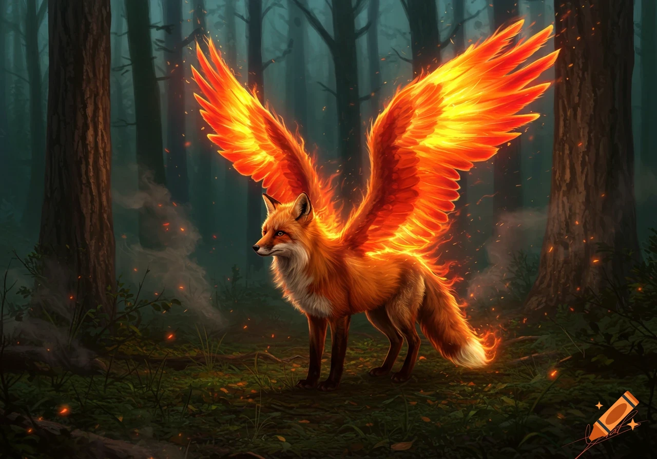 A mythical orange fox with large, glowing fiery wings stands in a dark, magical forest with embers floating around.
