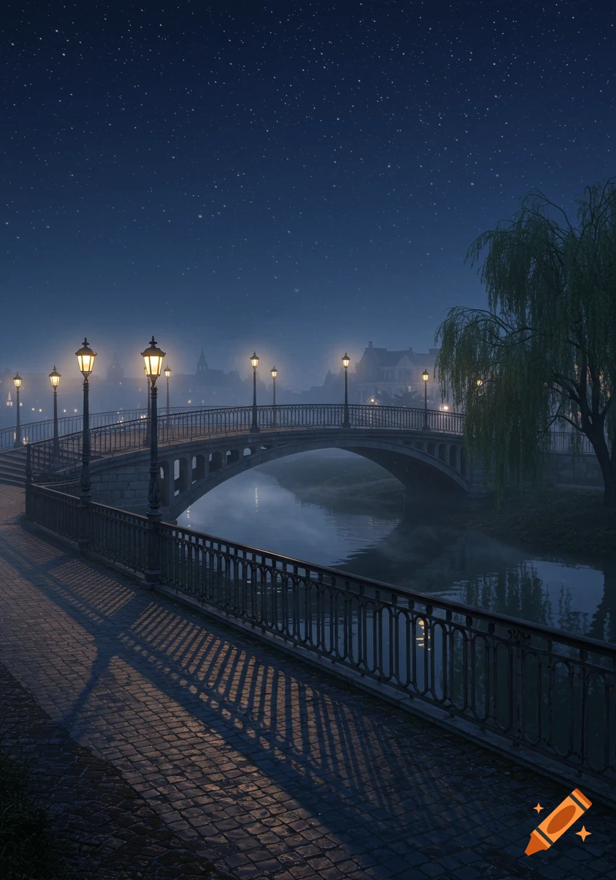 A serene night scene of an arched stone bridge over a misty river, illuminated by glowing gas lamps under a starry sky.