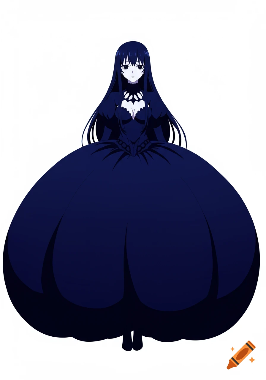 An anime girl with dark blue hair and black eyes wears an enormous, voluminous dark blue gothic dress on a white background.