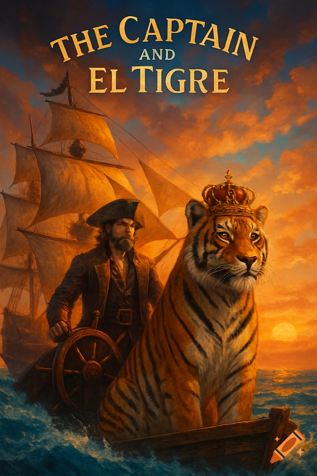A bearded pirate steers a ship while a crowned tiger sits beside him on a boat, against a dramatic sunset sky.