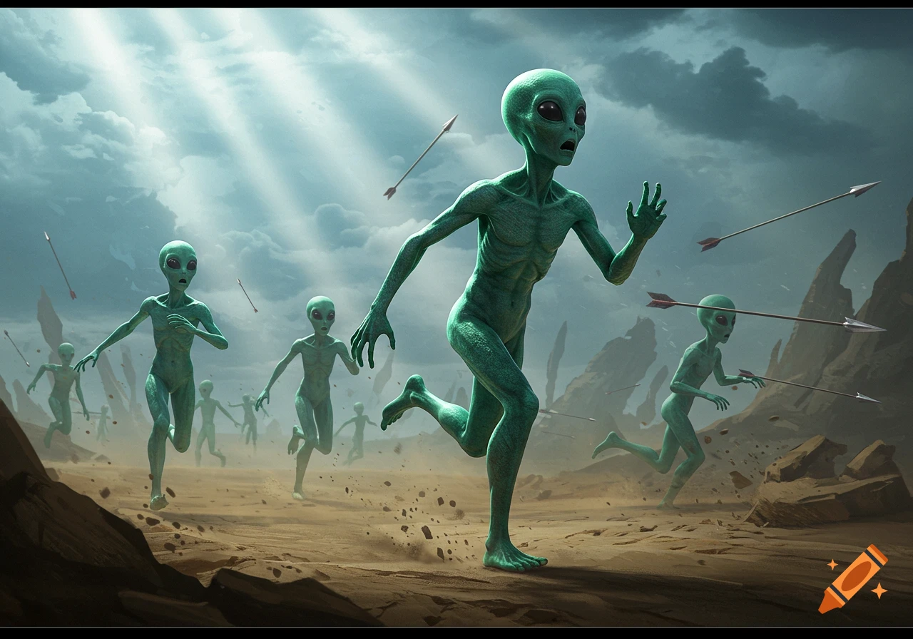 Scared green aliens run across a barren, rocky landscape while dodging flying arrows under a cloudy sky.