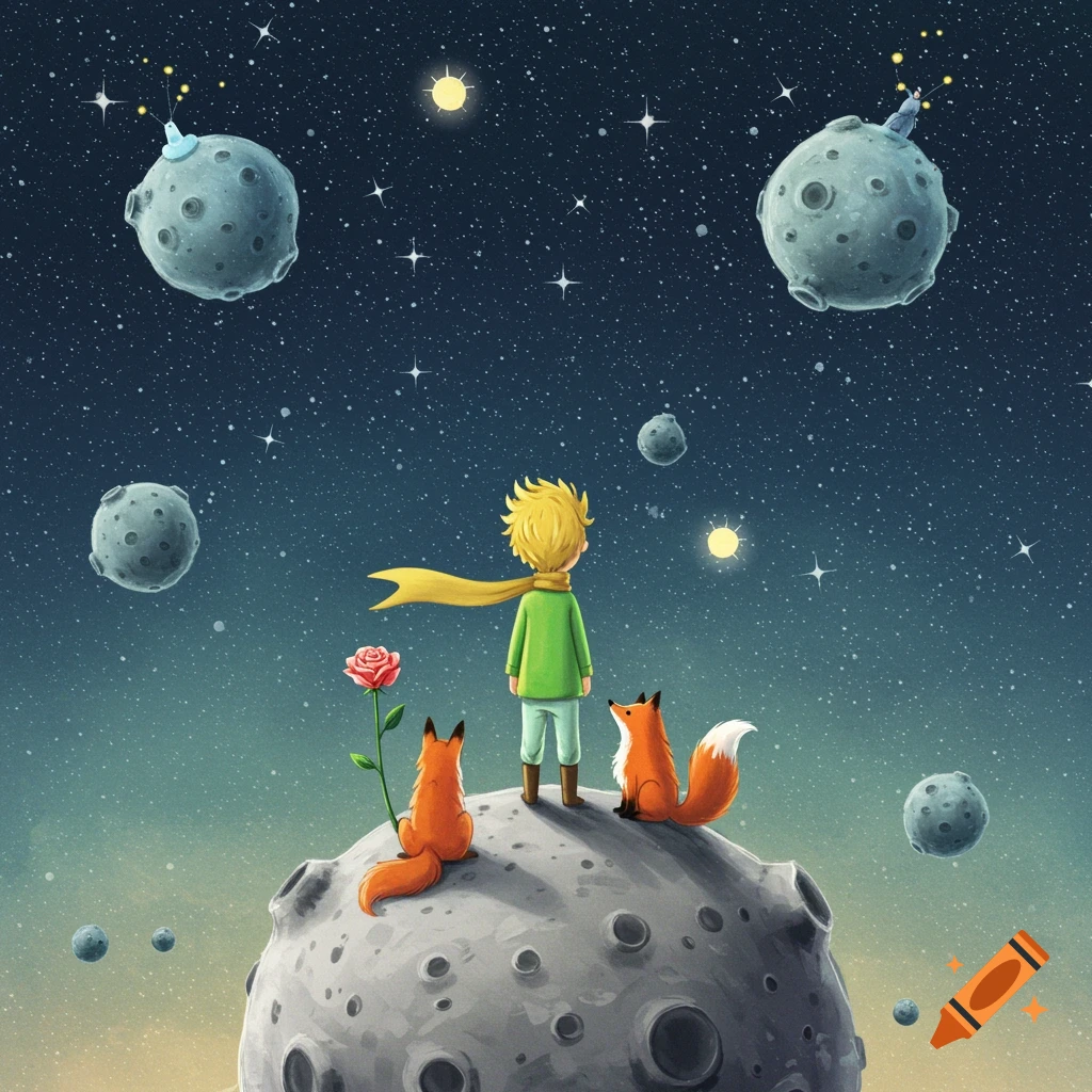 A whimsical illustration of The Little Prince standing on a moon with a fox and a rose, gazing at stars and planets in a dreamy space scene.