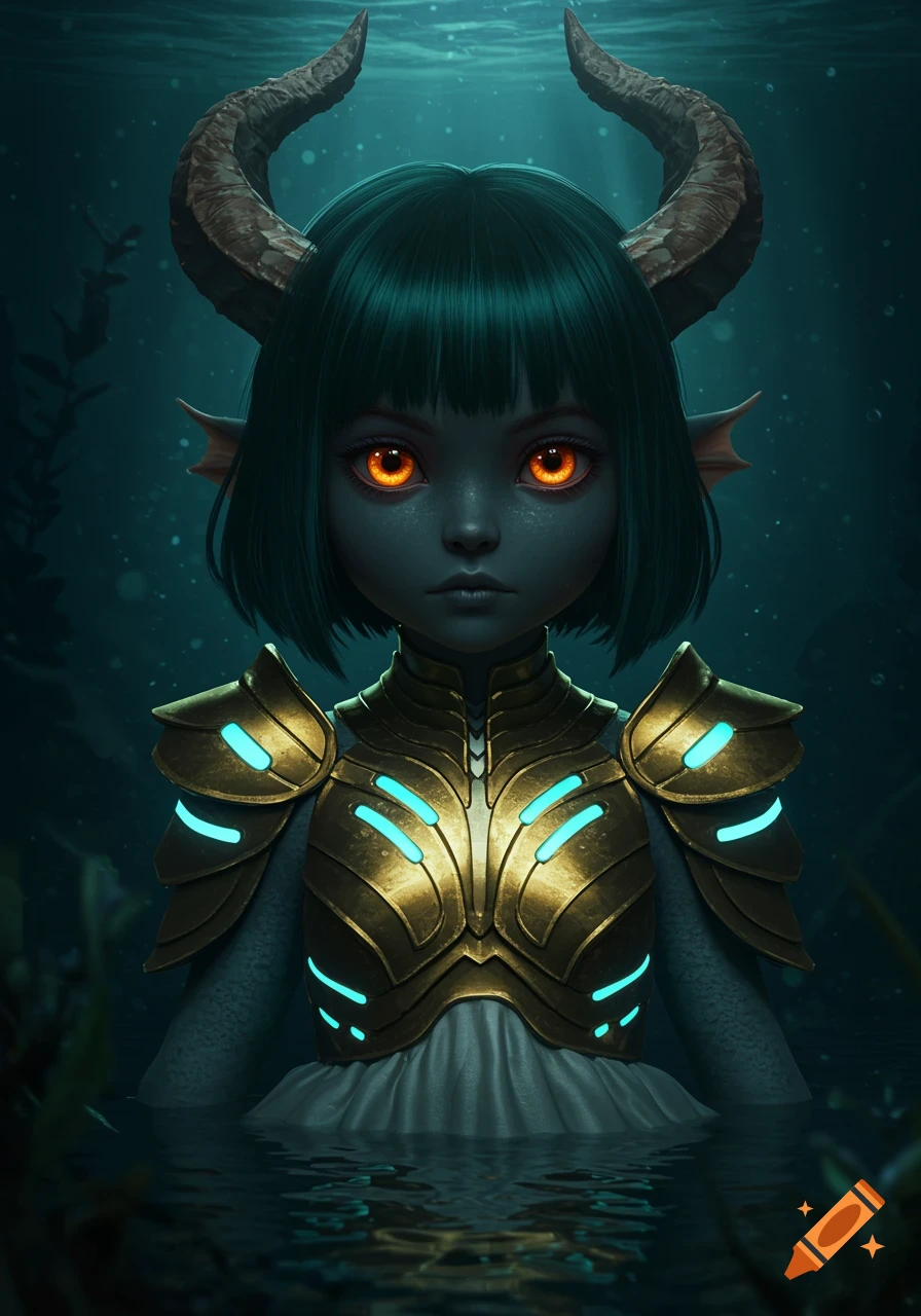 A serious mermaid girl with glowing orange eyes, charcoal-blue skin, dark green bob hair, and horns wears golden sci-fi armor, submerged in dark water.