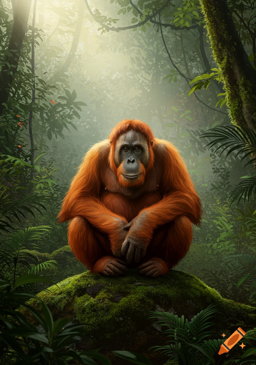 A detailed, photorealistic orangutan sits on a mossy rock in a lush, sunlit jungle.