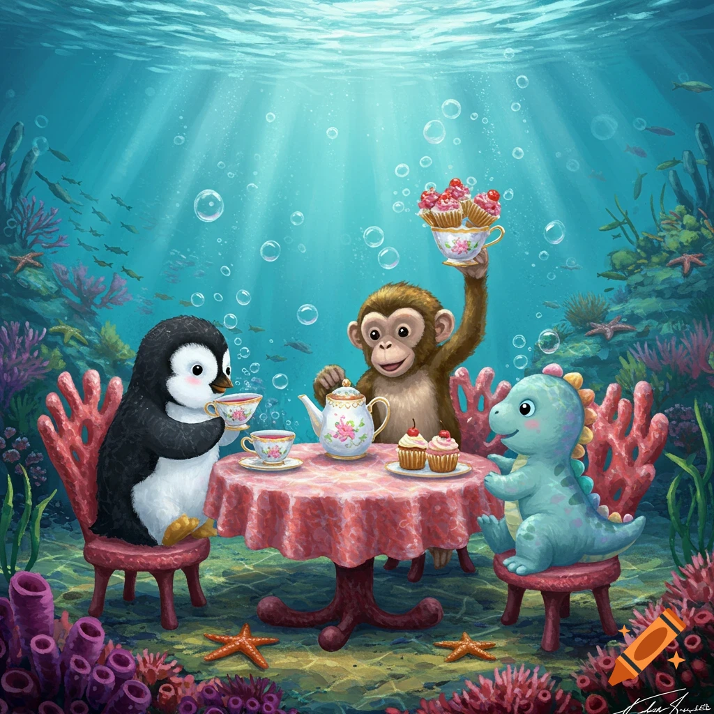 A cute cartoon baby penguin, monkey, and dinosaur have an underwater tea party surrounded by coral and fish.