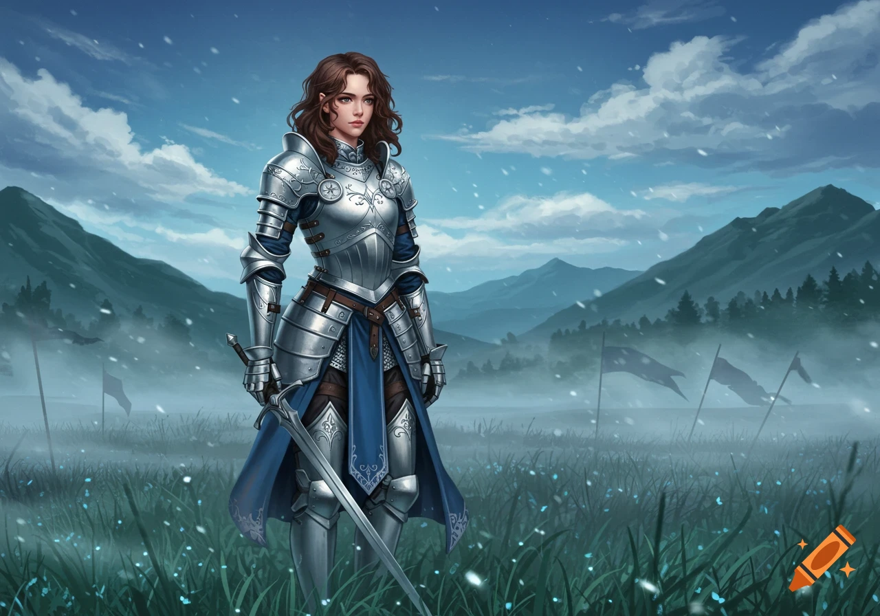 A detailed illustration of a young woman with brown wavy hair, wearing silver and blue armor, standing in a snowy, grassy field with mountains under a cloudy sky, holding a sword.