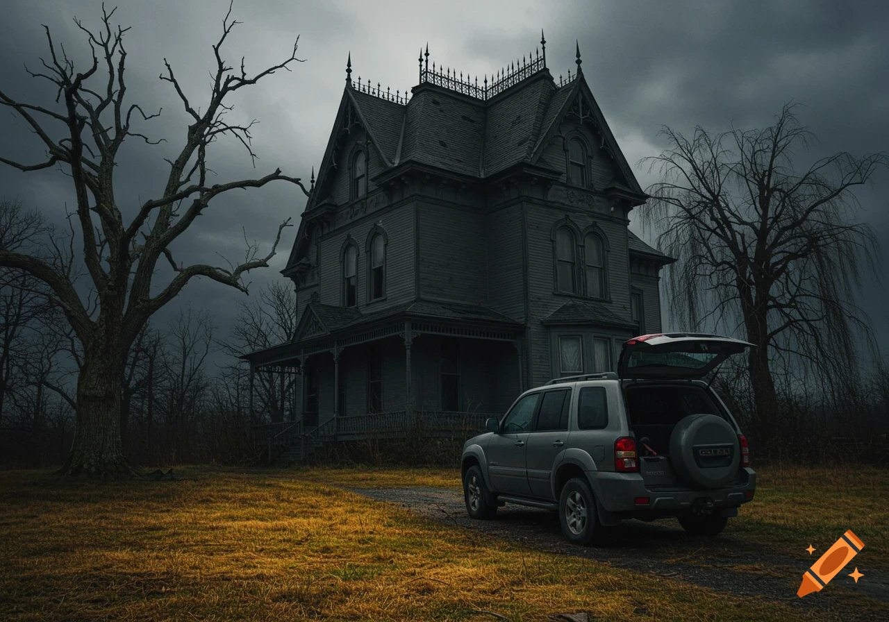 Photorealistic: A silver SUV with an open trunk parked before a dark, gothic Victorian house and dead trees under a gloomy sky.