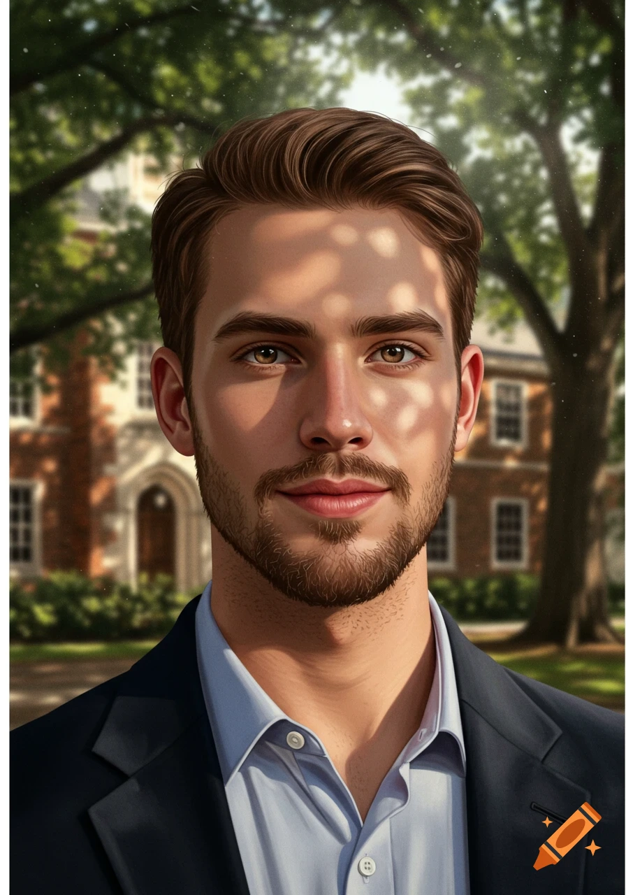 A photorealistic portrait of a young man with a trimmed beard and brown eyes, standing outdoors in front of a blurred building.