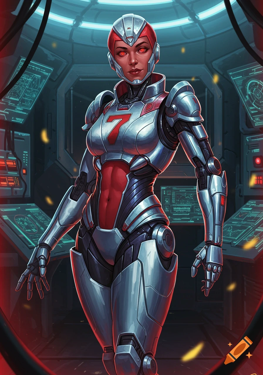 A female cyborg in a silver and red armored suit with a number 7 on her chest stands in a futuristic control room, comic book style.