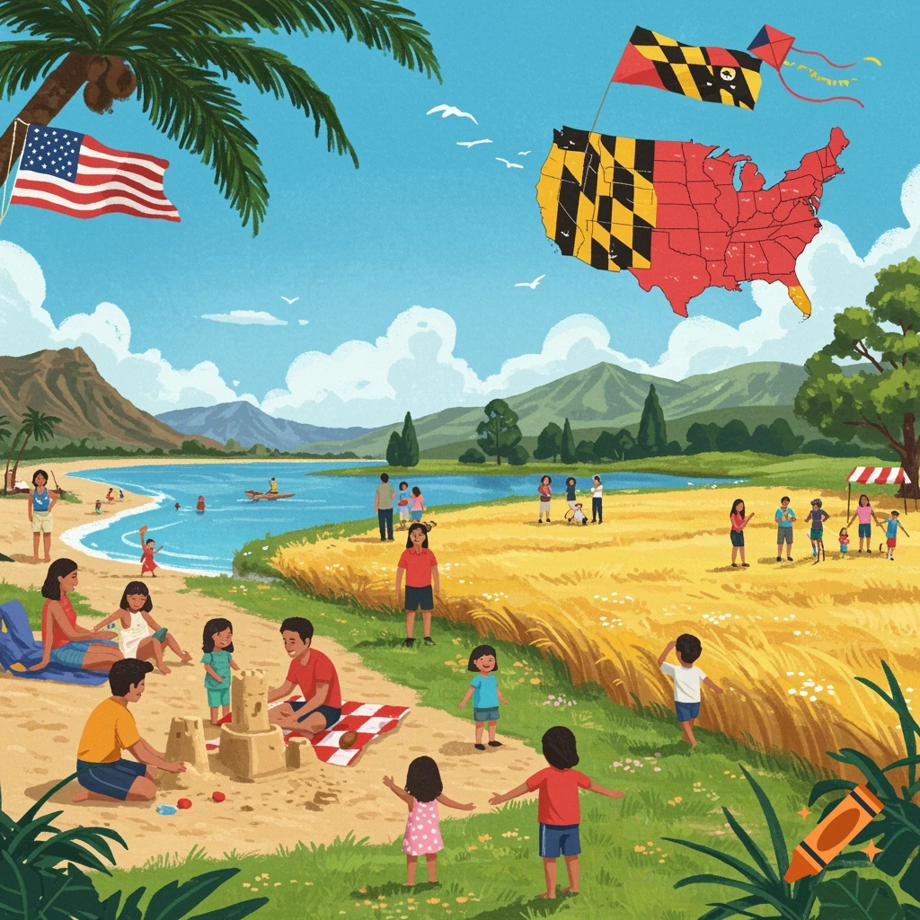 Families and children enjoy a sunny day at a beach and field, building sandcastles and flying kites with US and Maryland flags in a bright, cartoonish style.