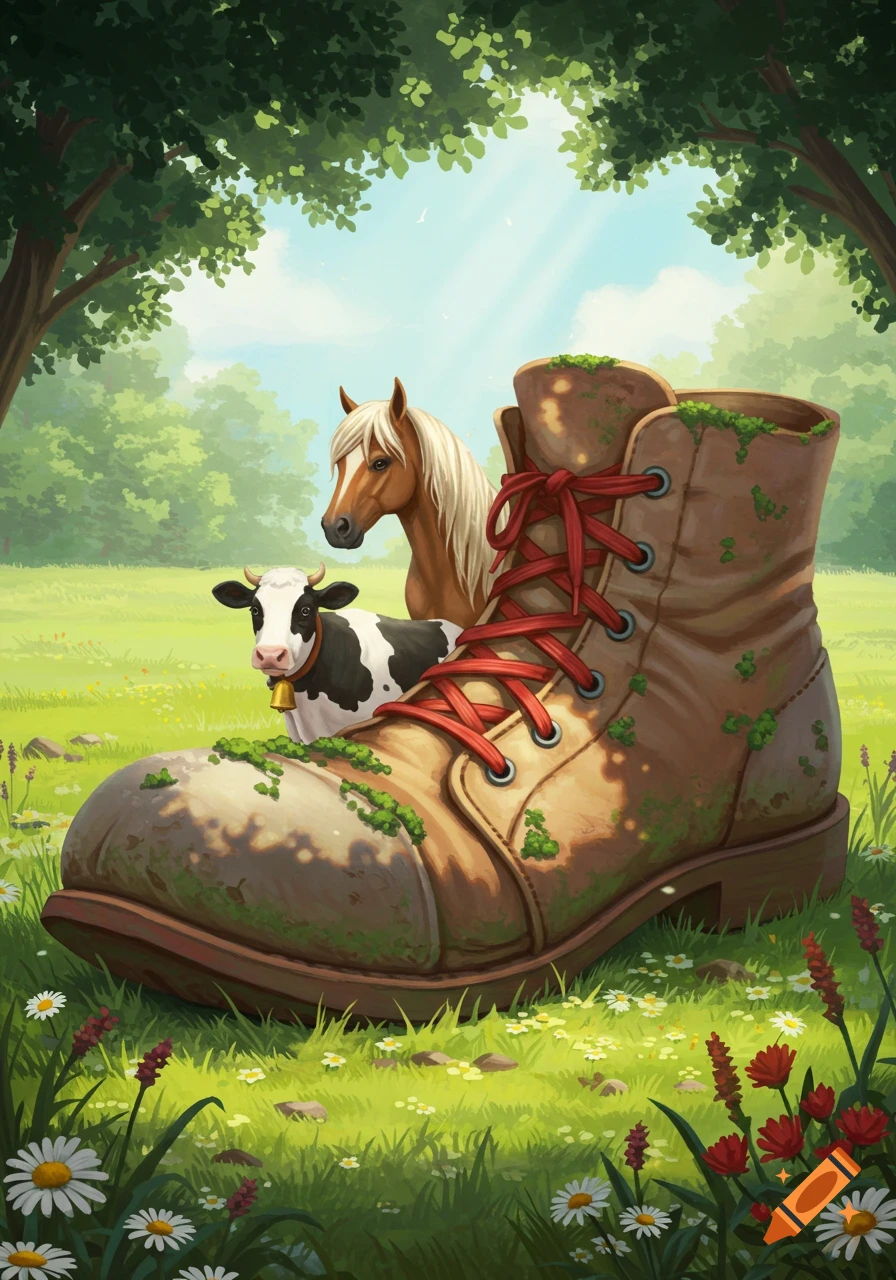 A whimsical illustration of a giant moss-covered boot in a sunny field, with a cow and a horse peeking from behind it.