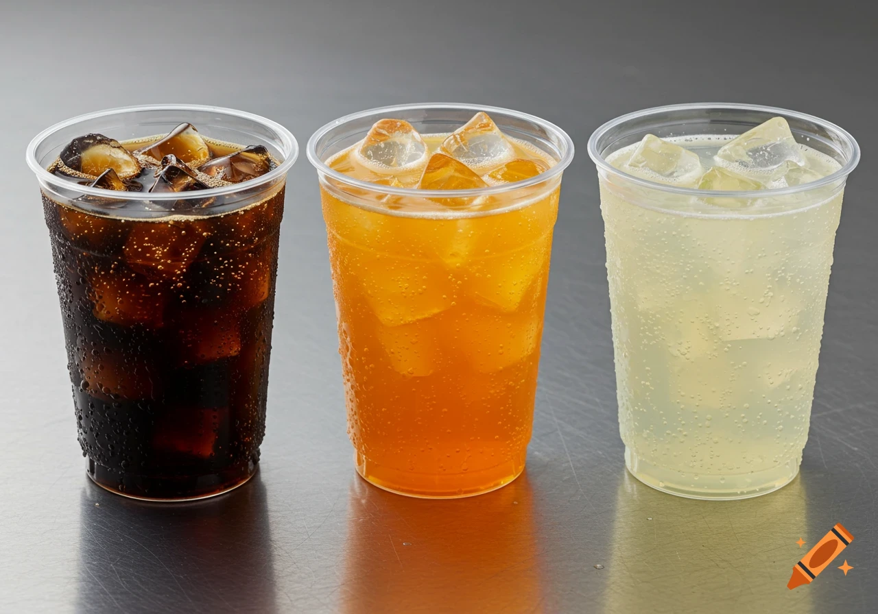 Three plastic cups filled with iced cola, orange soda, and lemon-lime soda on a metallic surface.