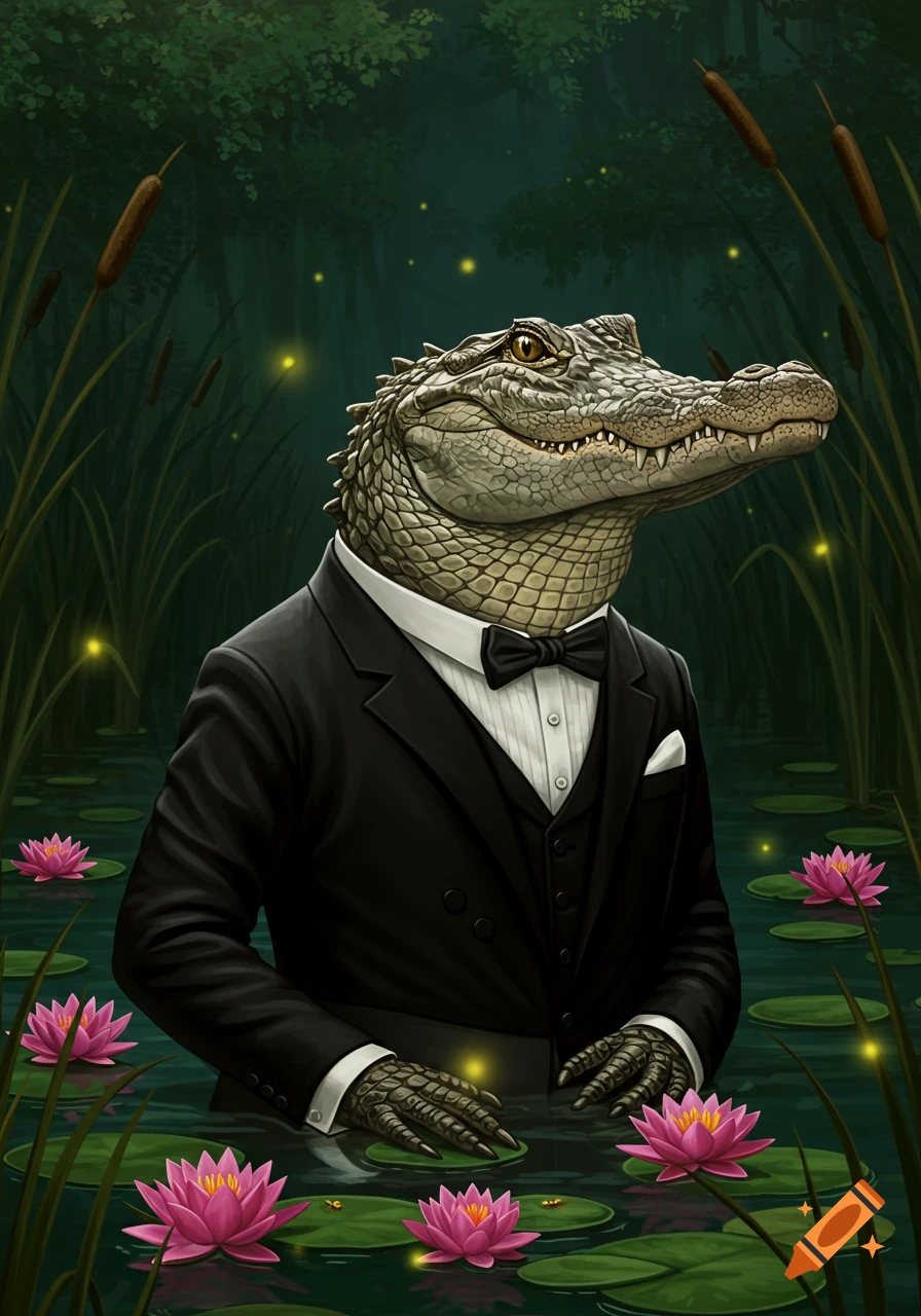 A dapper alligator in a black suit and bow tie stands in a dark swamp with pink water lilies and glowing fireflies.