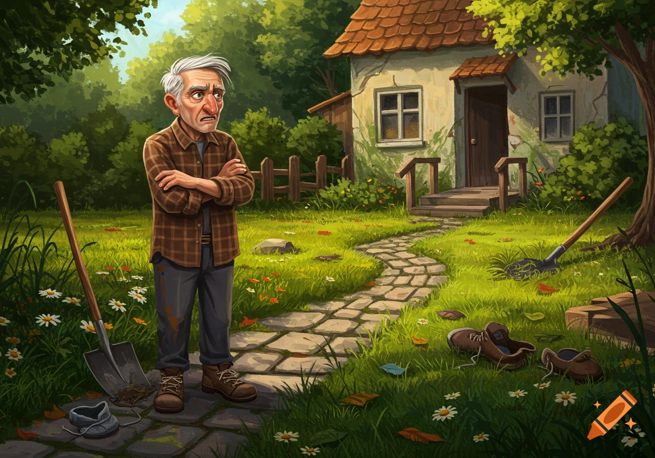 A grumpy old man with gray hair stands with crossed arms in an overgrown yard, with a house, shovels, and shoes, in a cartoon style.