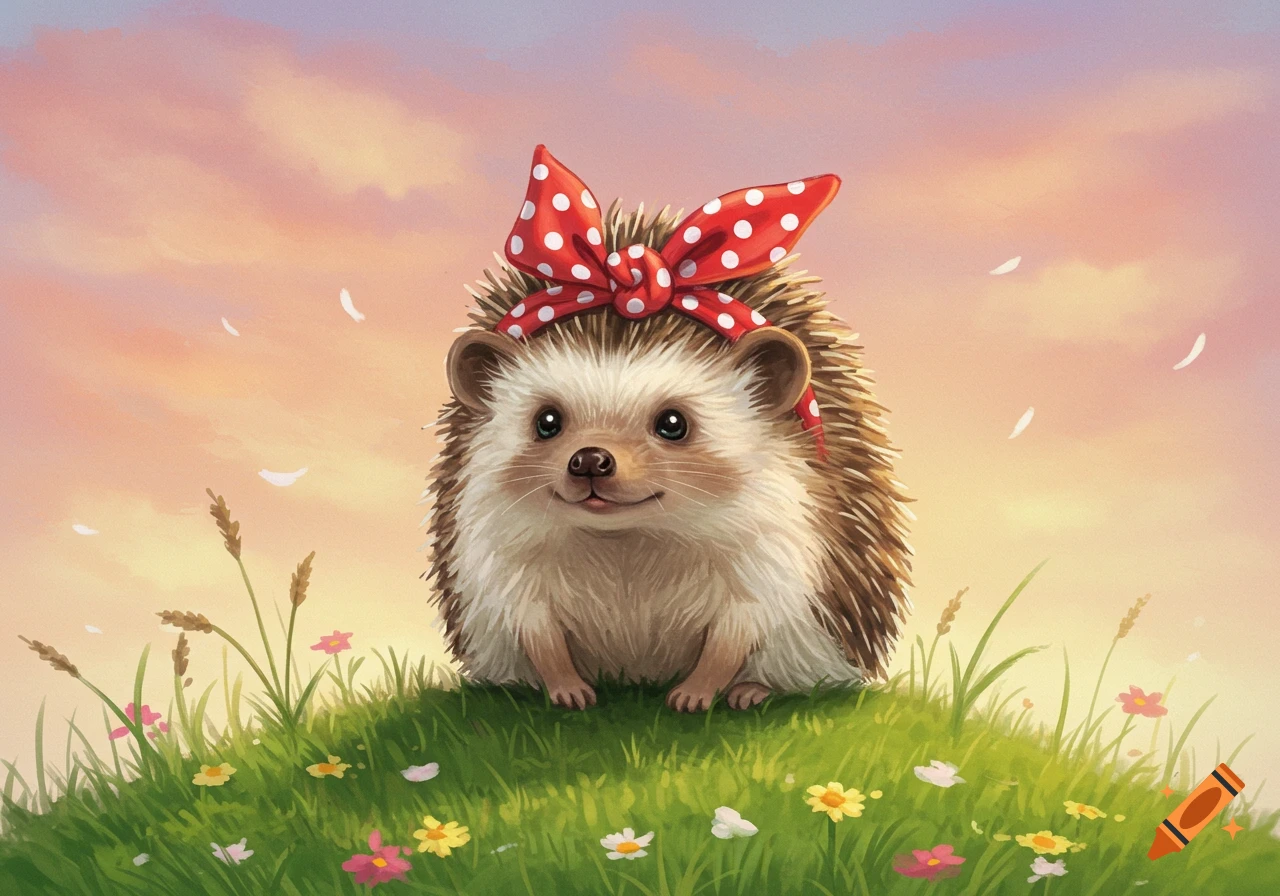 A cute, fluffy hedgehog wearing a red polka-dot bow sits in a grassy field with colorful flowers under a pastel sky.