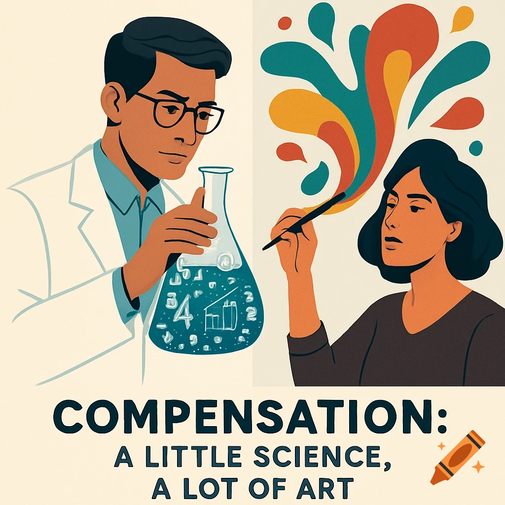A modern illustration depicting a scientist holding a beaker with numbers, and an artist painting colorful abstract shapes, with text 'COMPENSATION: A LITTLE SCIENCE, A LOT OF ART'.
