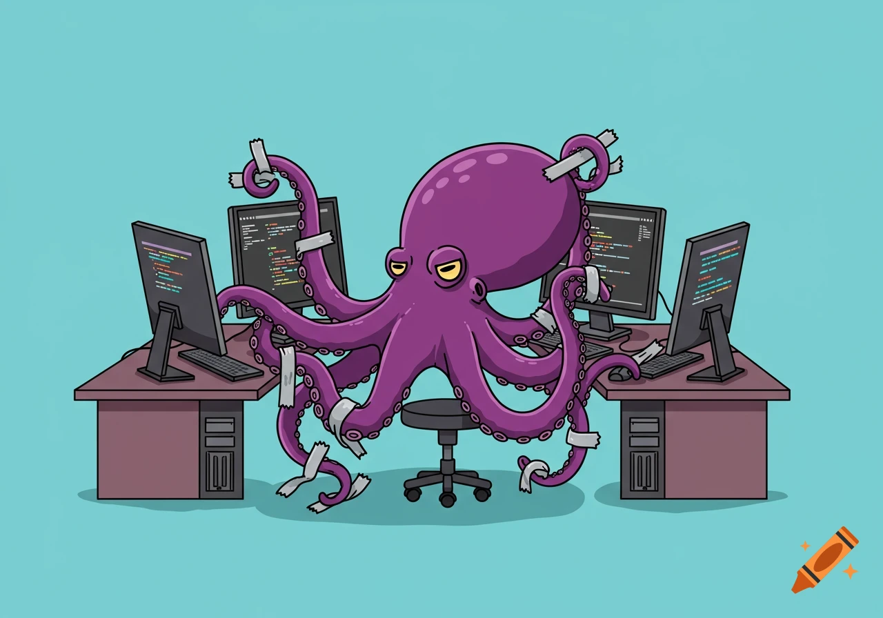 A cartoon purple octopus, with tentacles duct-taped, sits at a desk, typing on multiple computer screens displaying code.
